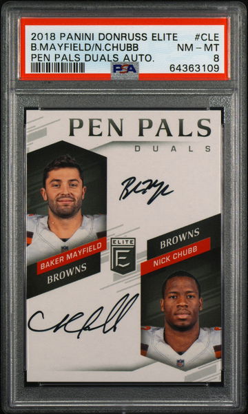 2018 Panini Donruss Elite Pen Pals Duals Auto Baker Mayfield Nick Chubb - Black Ink