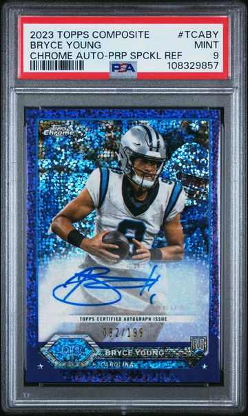 2023 Topps Composite Topps Chrome Autographs Chrome Auto-Prp Spckl Ref Bryce Young #TCABY /199 PSA 9