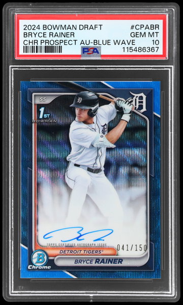 2024 Bowman Draft Bryce Rainer Chrome Prospect Autograph Blue Wave Refractor PSA 10