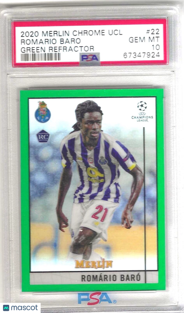 2020 Topps Merlin Chrome UEFA Champions League Romario Baro #22 Green Refractor PSA 10