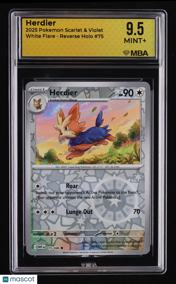 2025 Pokemon Scarlet & Violet White Flare Herdier Reverse Holo MBA 9.5 #75