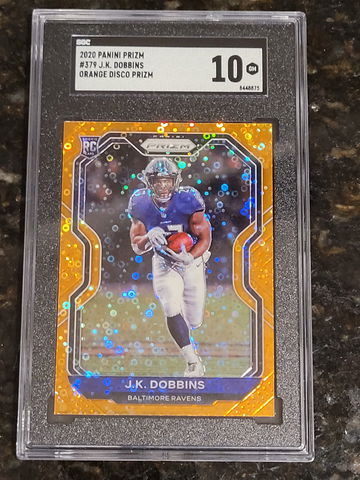 JK Dobbins 2020 Panini Prizm Rookie #379 Orange Disco Prizm Ravens SGC 10 SP RC