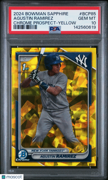 2024 Bowman Sapphire Edition Chrome Prospects Agustin Ramirez #BCP85 Yellow /75 PSA 10