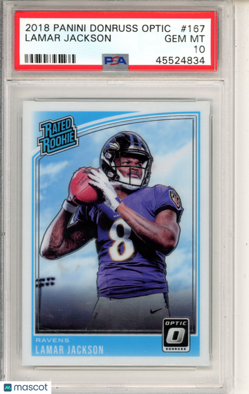 Graded 2018 Panini Donruss Optic Lamar Jackson #167 PSA 10 Baltimore Ravens Football Card