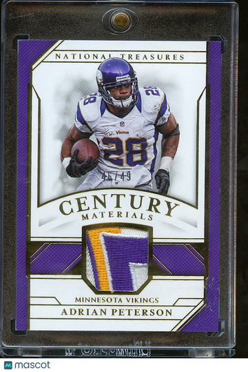 2019 Panini National Treasures Century Materials Adrian Peterson #CM-AP Purple /49 Game-Used Material Patch