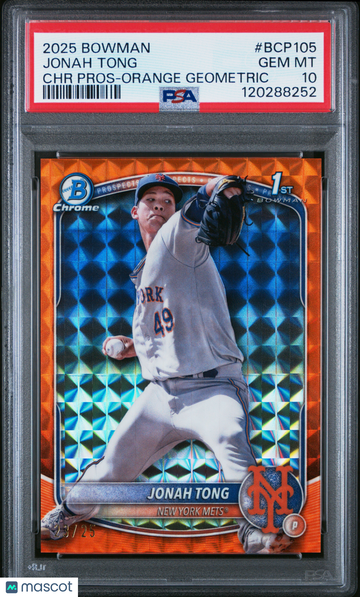 2025 Bowman Chrome Prospects Jonah Tong #BCP105 Orange Geometric /25 PSA 10