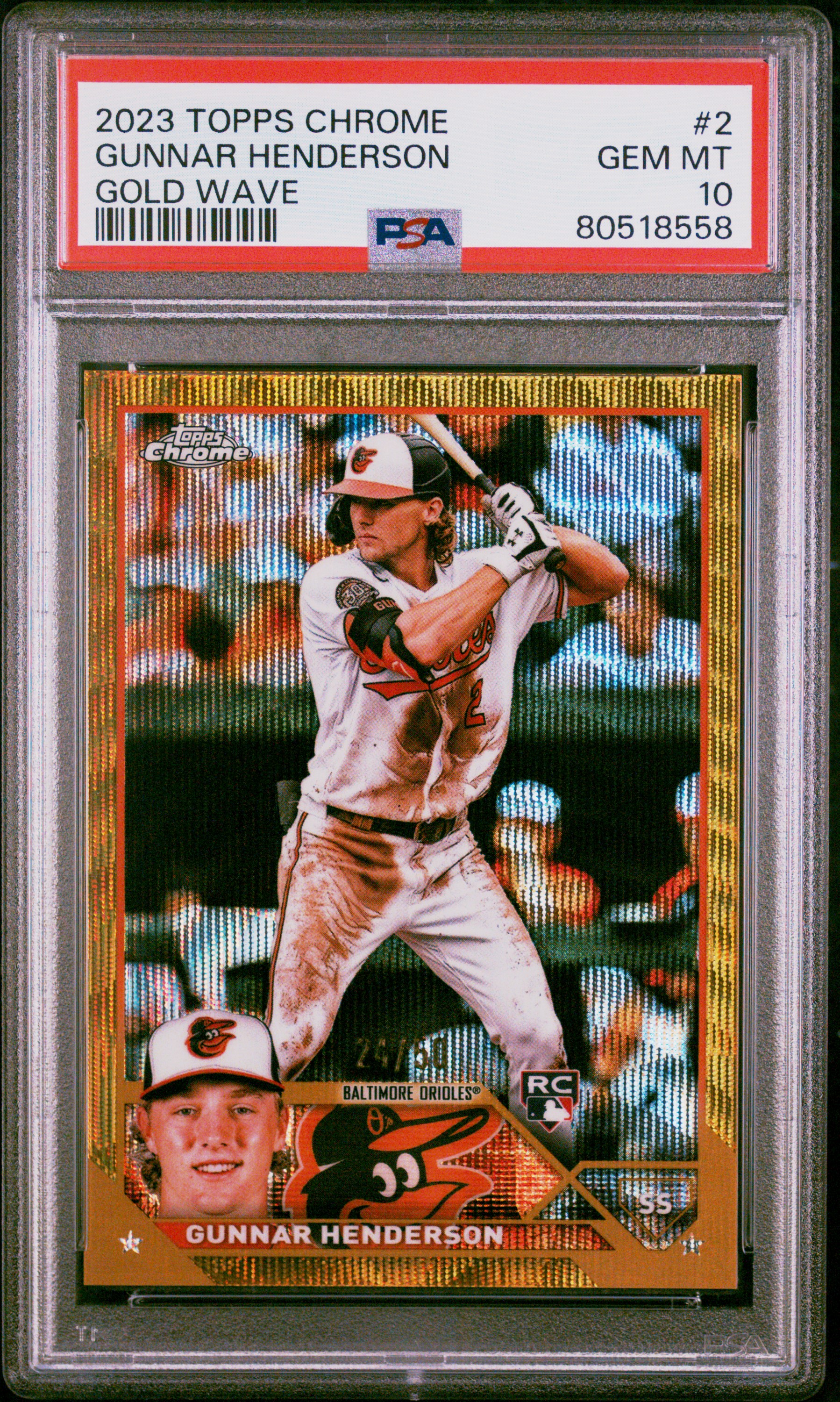 2023 Gunnar Henderson Topps Chrome #2 Gold Wave RC PSA 10 GEM Baltimore Orioles