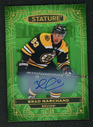 2022 Upper Deck Stature 28 Brad Marchand Green /150 Boston Bruins Auto