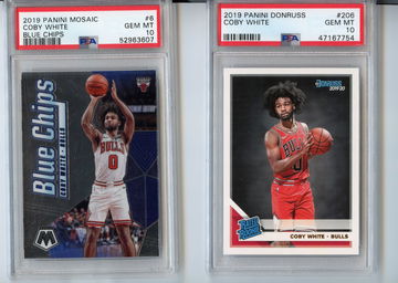 Two Gem PSA 10 Coby White RC - Rated Rookie #206 Mosaic Blue Chips #6 2019
