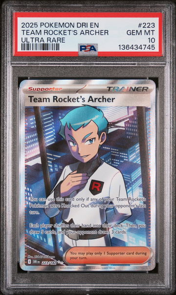 2025 Destined Rivals - Dri En - English Ultra Rare Holo Team Rocket's Archer #223 PSA 10