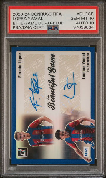 2023-24 PANINI DONRUSS LOPEZ/LAMINE YAMAL DUAL AUTO #/15 #DUFCB PSA 10 AUTO 10