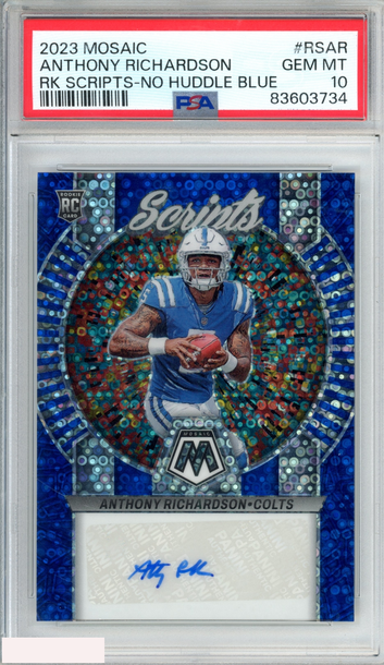 2023 PANINI MOSAIC ROOKIE SCRIPTS ANTHONY RICHARDSON #RSAR NO HUDDLE BLUE PSA 10