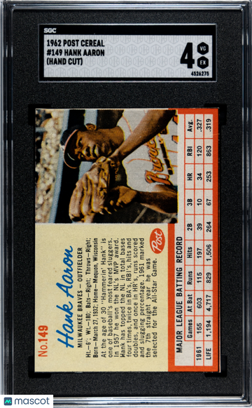 1962 Post Cereal Hank Aaron #149 SGC 4