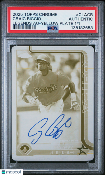 2025 Topps Chrome Legend Autographs Craig Biggio #CLACB Legends Yellow Plate /1 PSA A Topps