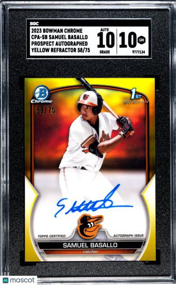 2023 Bowman Chrome Samuel Basallo #CPA-SB Pros. Autograph Yellow Refractor 75 SGC 10 Auto 10