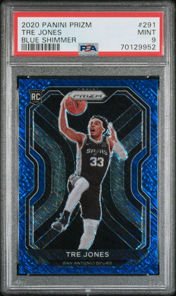 2020-21 Panini Prizm Tre Jones Blue Shimmer #291 FOTL 1/35 Spurs SSP PSA 9 Mint