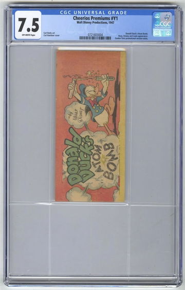 Cheerios Premiums #y1 * CGC 7.5 * 3RD HIGHEST ONLY 2 HIGHER! WALT DISNEY 1947 * DONALD DUCK'S ATOM BOMB * CARL BARK