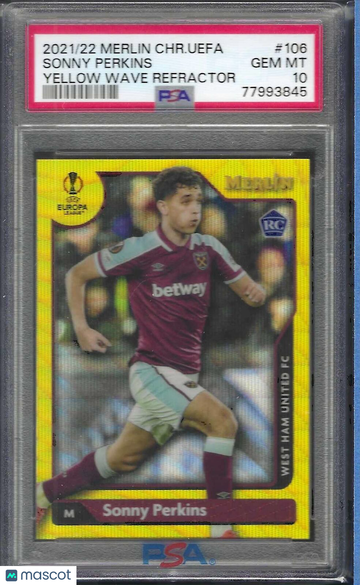 2021-2022 Topps Merlin Chrome UEFA League Sonny Perkins #106 Yellow Wave Refractor PSA 10