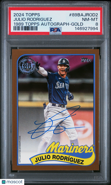 2024 Topps 1989 Topps Baseball Autographs Julio Rodriguez #89BAJROD2 Gold / Parallel/Variety Insert PSA 8 Topps