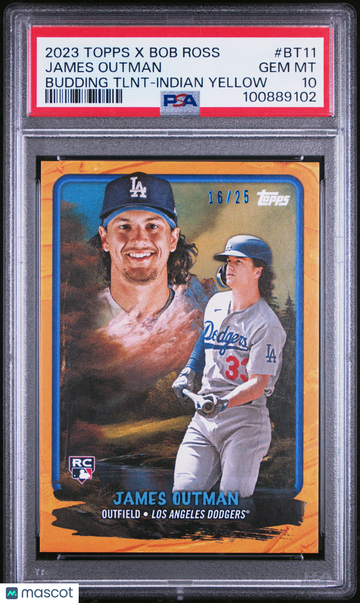 2023 Topps X Bob Ross The Joy Of Baseball Budding Talents James Outman #BT11 Tlnt Indian Yellow /25 PSA 10