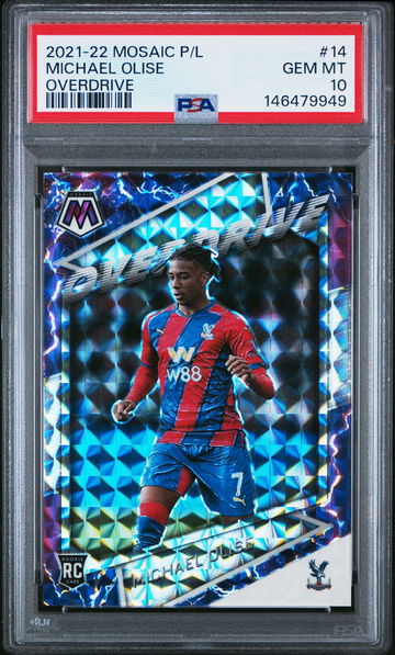 2021 MOSAIC PREMIER LEAGUE MICHAEL OLISE OVERDRIVE SSP CASE HIT #14 RC PSA 10
