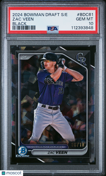 2024 Bowman Draft Sapphire Edition Zac Veen #BDC61 Black /10 Parallel/Variety Rookie PSA 10