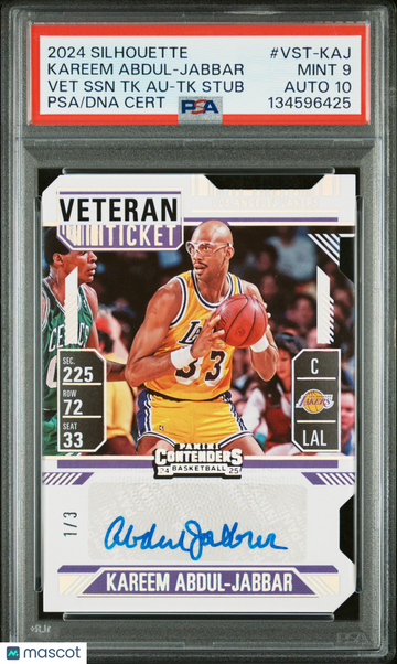 2024 Panini Silhouette Veteran Season Ticket Autographs Kareem Abdul-Jabbar #VST-KAJ SSN TK TK Stub /3 PSA 9 Auto 10