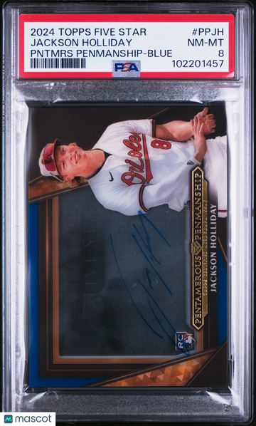 2024 Topps Five Star Five Star Pentamerous Penmanship Jackson Holliday #PPJH Pntmrs Blue PSA 8