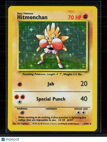 1999 Base Set Hitmonchan Holo Rare #7/102