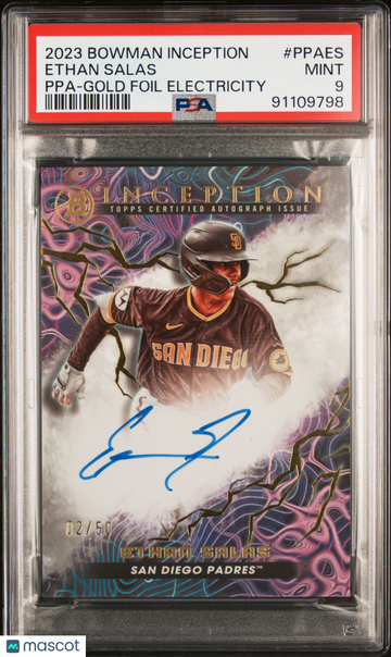2023 Bowman Inception Primordial Prospects Autographs Ethan Salas #PPAES Ppa Gold Foil Electricity /50 PSA 9