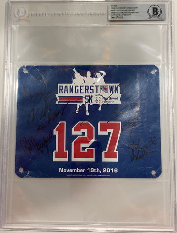 First NY Rangers 5K bib signed by Rod Gilbert Mike Richter Ron Greschner Adam Graves Ron Duguay Stephane Matteau BAS