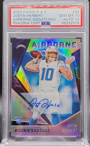 2020 Panini Rookies and Stars Justin Herbert Airborne Signatures PSA 10 GEM MT AUTO 10 DNA CERT #'d / 25