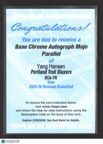 2026 Bowman Basketball Yang Hansen #BCA-YH Mojo Redemption Card