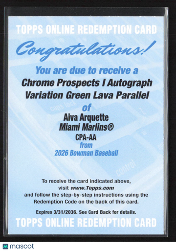 2026 Bowman Baseball Aiva Arquette #CPA-AA Green Lava Parallel Redemption