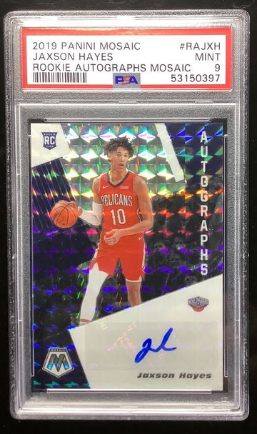 2019 panini mosaic #rajxh jaxson hayes rc; silver rookie auto psa 9