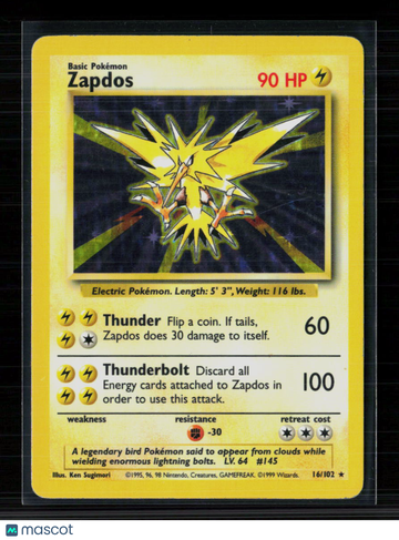 1999 Base Set Zapdos Holo Rare #16/102