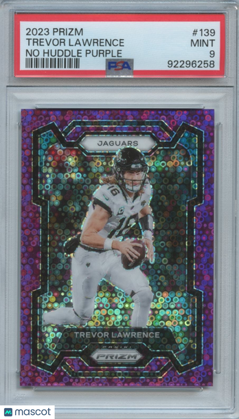 2023 Panini Prizm Trevor Lawrence #139 Purple No Huddle Prizm Parallel/Variety Base Set PSA 9