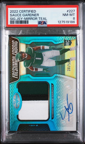 2022 Panini Certified Signature Jersey-Mirror Teal Ahmad "Sauce" Gardner #227 /50 PSA 8