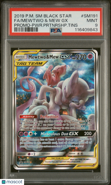 2019 Pokemon SM Black Star Promo Mewtwo & Mew GX Promo-PWR.Prtnrshp.Tins Fa PSA 9 #SM191