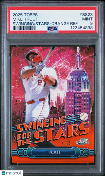 2025 Topps Swinging For The Stars Mike Trout #SS23 Orange Ref /25 Short Print PSA 9