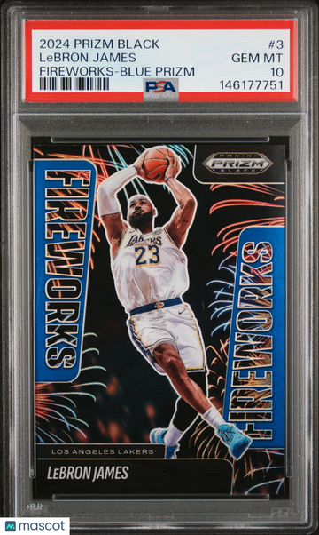 2024-25 Panini Prizm Black LeBron James #3 Fireworks Blue /199 Parallel/Variety Insert PSA 10