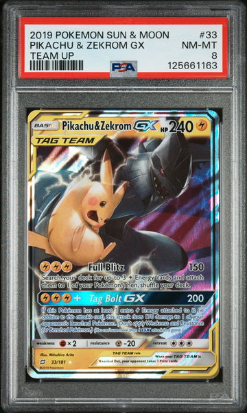 2019 Pokemon Sun and Moon Team Up Pikachu/Zekrom Gx #33 PSA 8