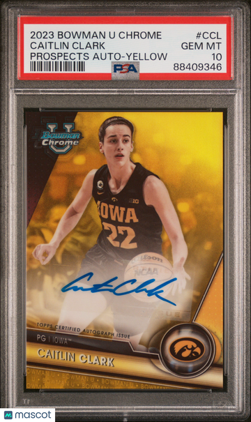 2023 Bowman University Chrome Bowman Chrome Prospects Autographs Caitlin Clark #CCL Yellow Ref PSA 10