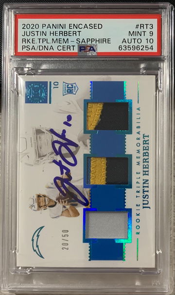 2020 Panini Encased Justin Herbert Triple Patch AUTO PSA 9/10. 20/50