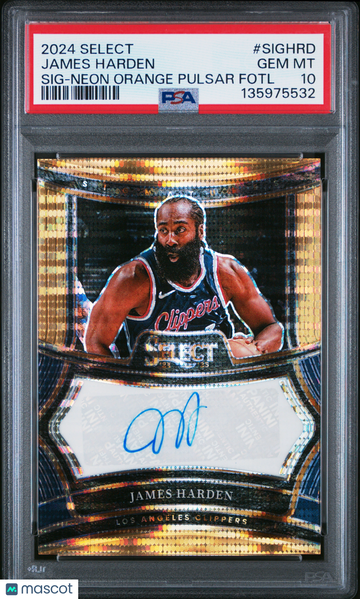 2024 Panini Select Signatures James Harden #SIGHRD Neon Orange Pulsar 08/30 PSA 10