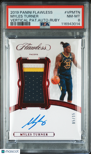 2019-20 Panini Flawless Myles Turner #VP-MTN Patch Auto Ruby /15 PSA 8 Panini Authentic