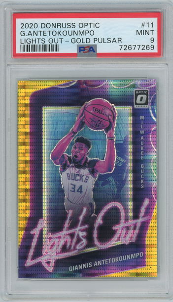 2020-21 Panini Donruss Giannis Antetokounmpo Optic Prizm Lights Out Gold Pulsar