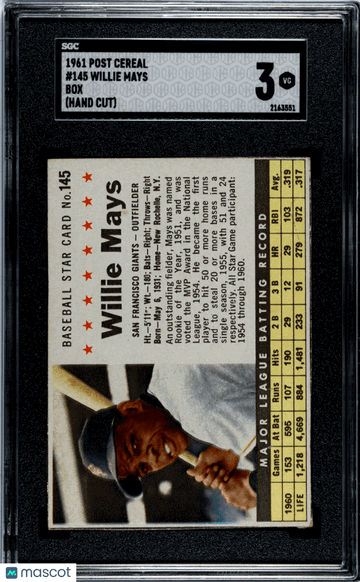 1961 Post Cereal Willie Mays #145 Box (Hand Cut) SGC 3