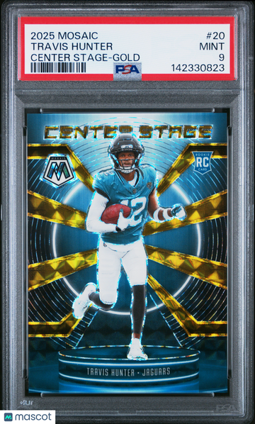 2025 Panini Mosaic Center Stage Travis Hunter #20 Gold /10 Rookie PSA 9