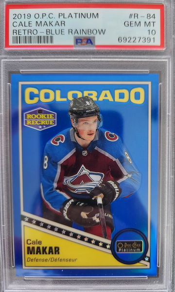 2019-20 OPC Platinum Cale Makar RC #R-84 Retro Blue Rainbow /149 PSA 10